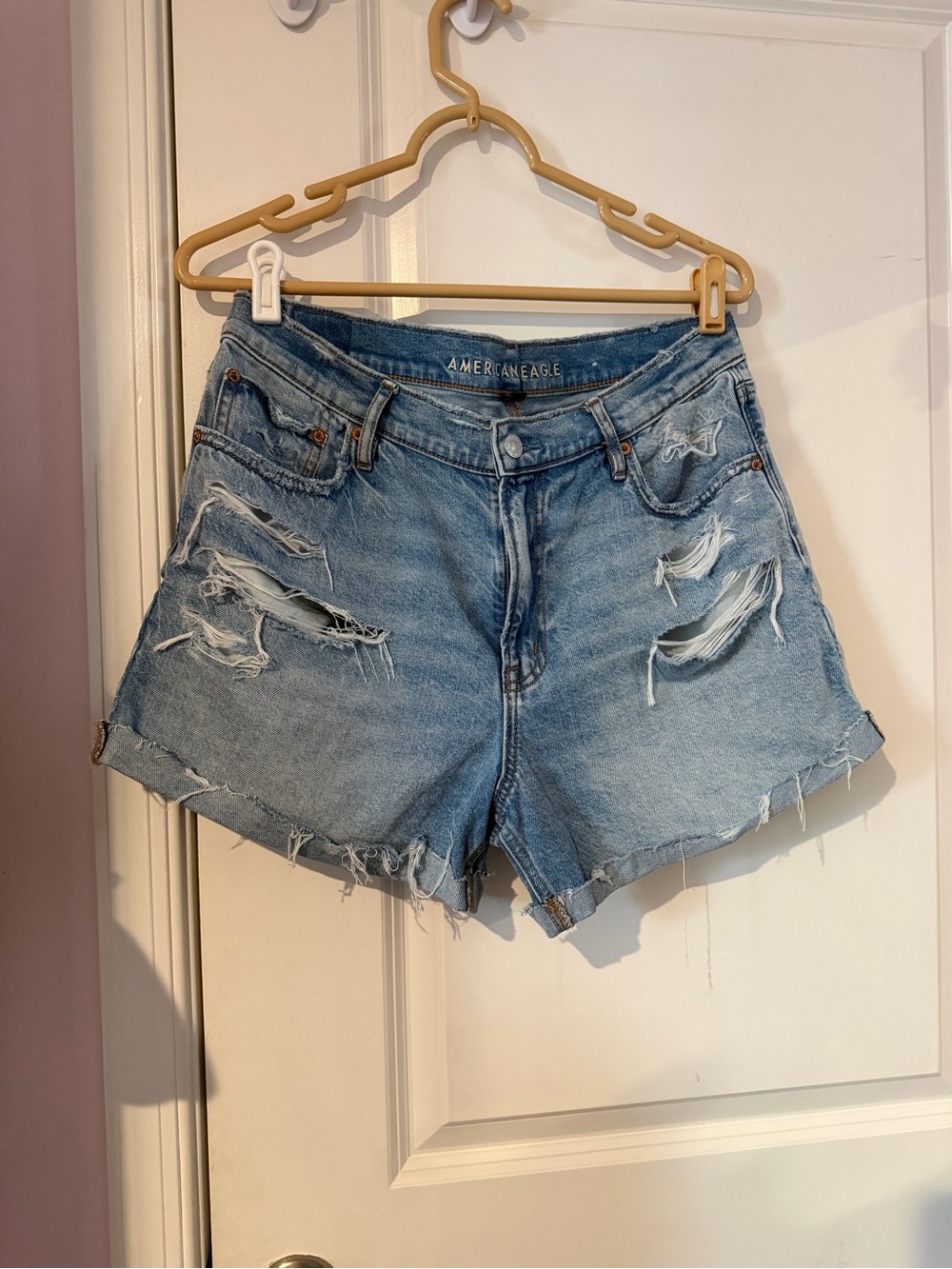 American Eagle Outfitters Ripped High-Rise Light Blue Denim Shorts